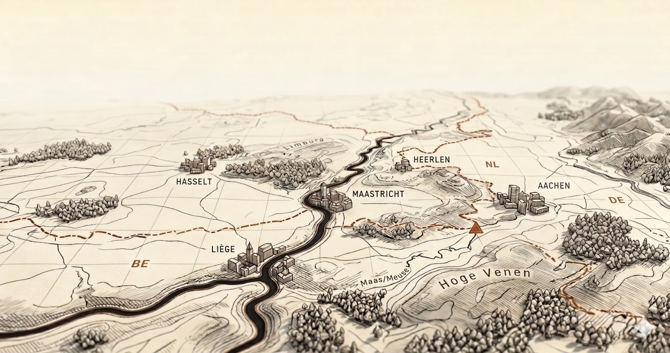 Euregio Maas-Rijn: illustrated 3D relief map of the three-country border region